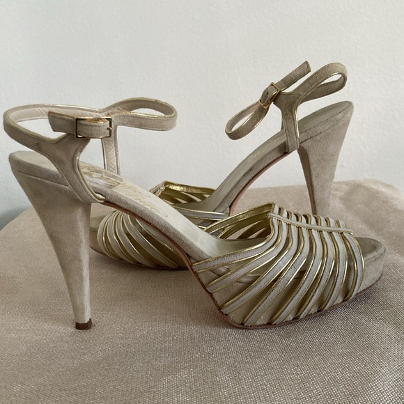 Alejandro Ingelmo Strappy Stiletto Heels Suede Cream Gold 39 - Picture 9 of 11